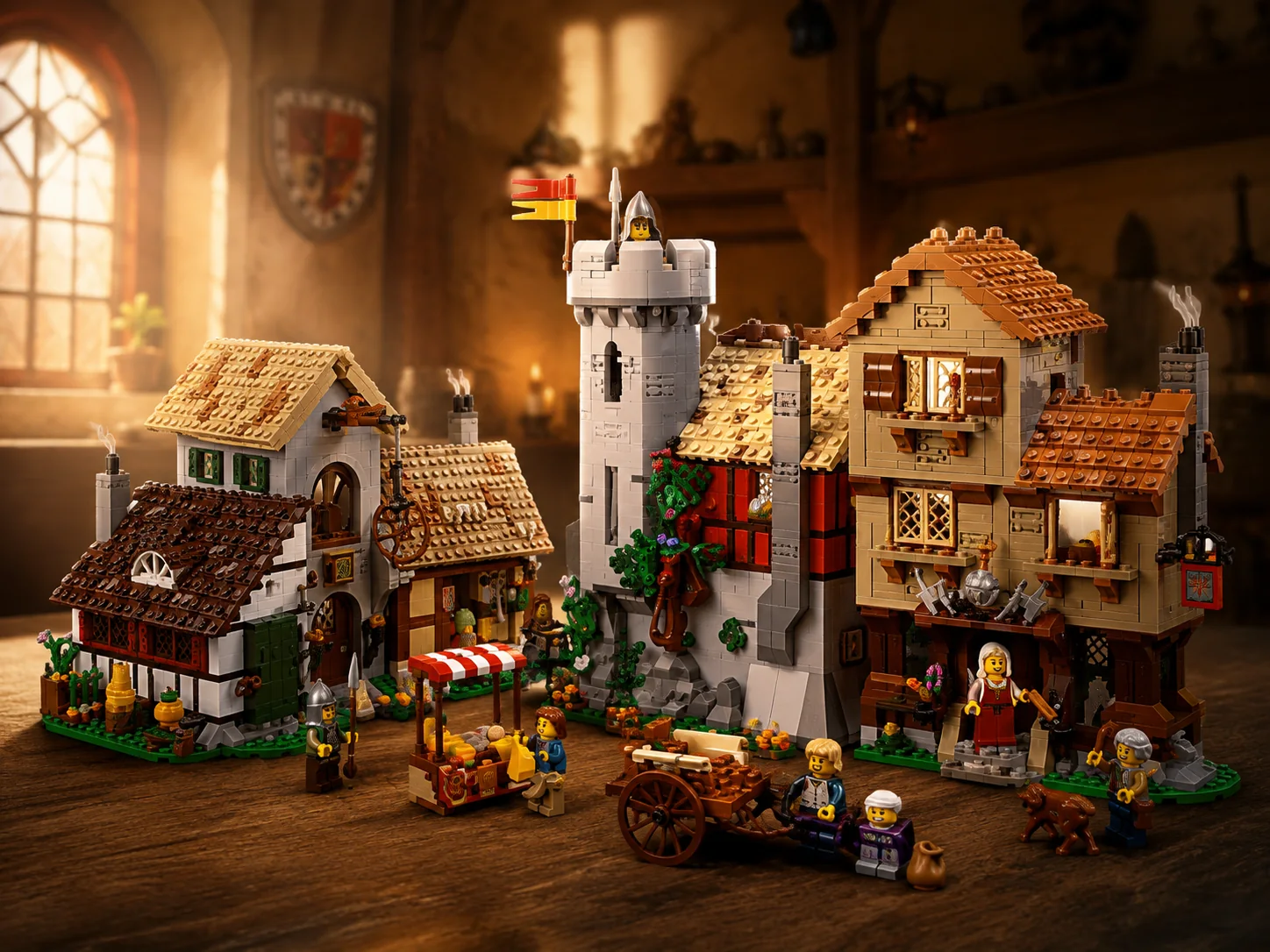 Brick-built medieval town scene in a warm historical interior