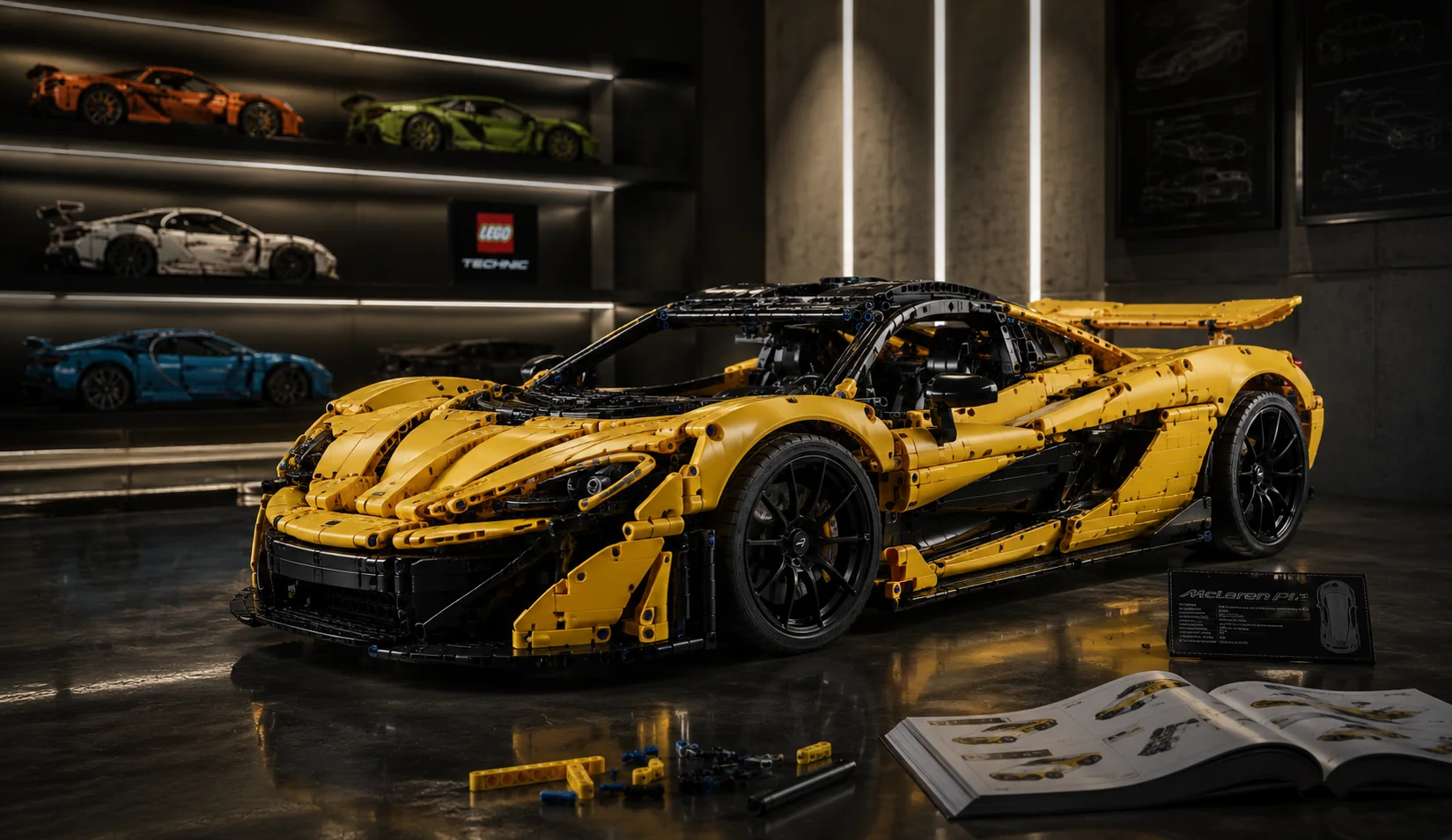 Yellow brick-built Technic supercar in a premium workshop